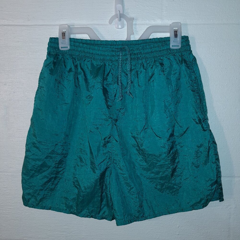Vintage Shell Shock Nylon Crinkle Shorts Aqua High Waist Front Pockets Womens M